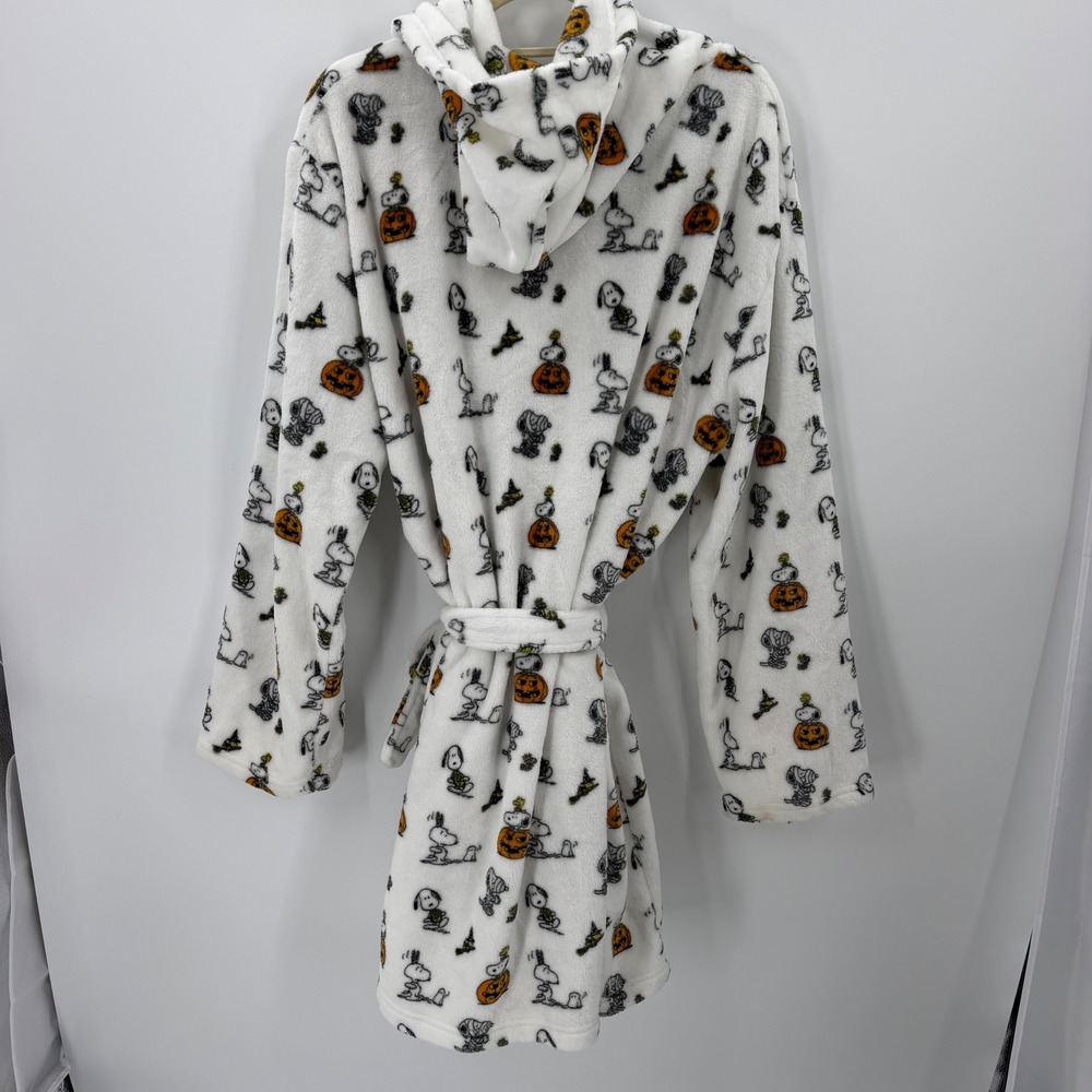 Peanuts Halloween Snoopy Woodstock Fleece Hooded Robe L/XL White Pumpkin Cozy - Picture 4 of 6